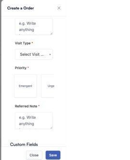 Referral priority and referred note fields The referral form showing Priority options, the required Referred Note field, and Custom Fields.