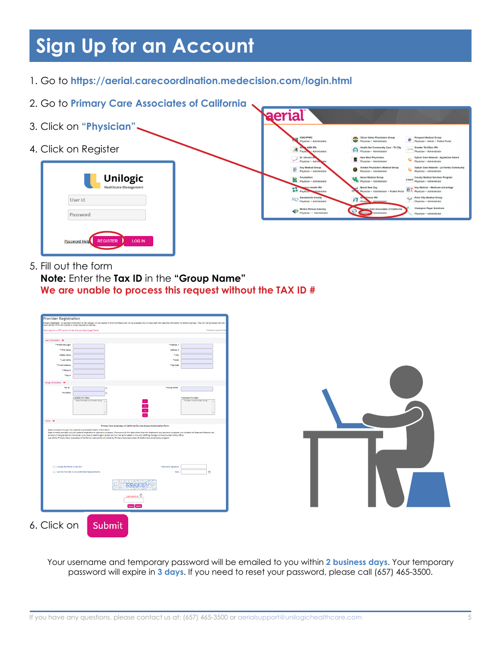 Annotated Aerial registration screenshots showing the PCAC portal selection, Register button, provider registration form, Tax ID requirement, and Submit button.