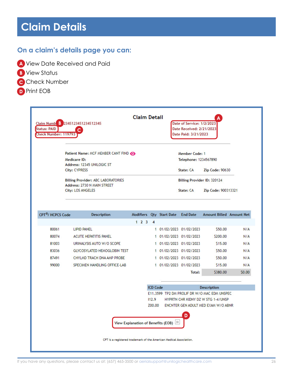Annotated Aerial claim details screenshot showing received and paid dates, claim status, check number, service details, diagnosis codes, and the EOB link.