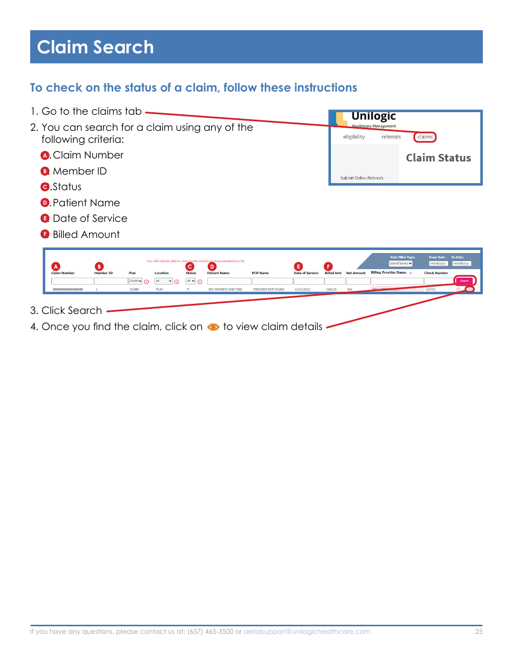 Annotated Aerial claim search screenshots showing claim search criteria, Search button, and the claim details icon.