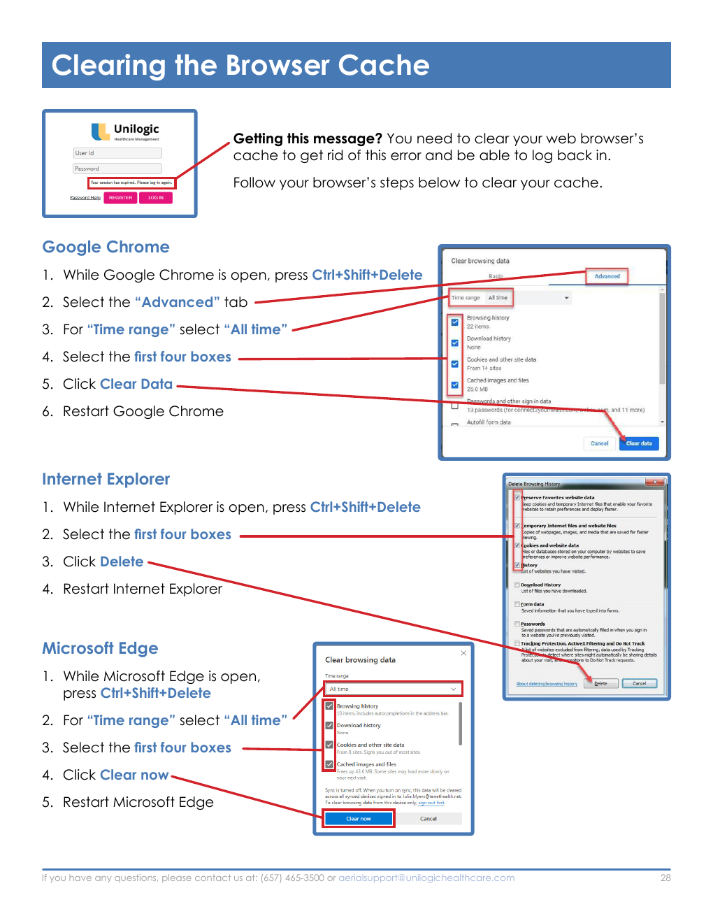 Annotated screenshots showing cache-clearing steps for Google Chrome, Microsoft Edge, and legacy Internet Explorer.