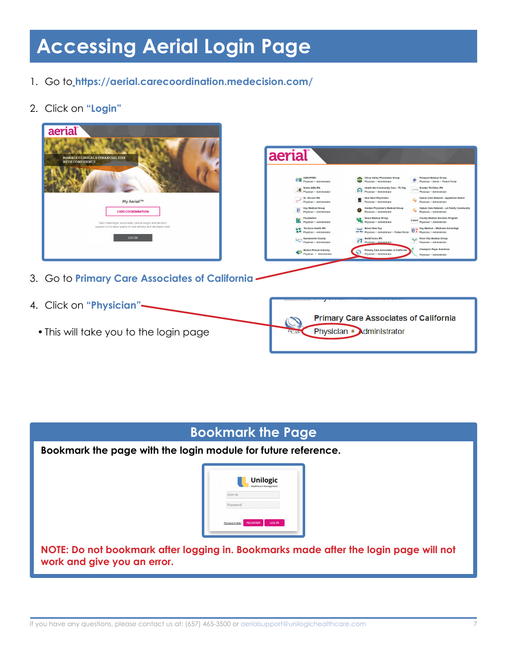 Annotated Aerial login screenshots showing Login, Primary Care Associates of California, Physician, and the correct page to bookmark.