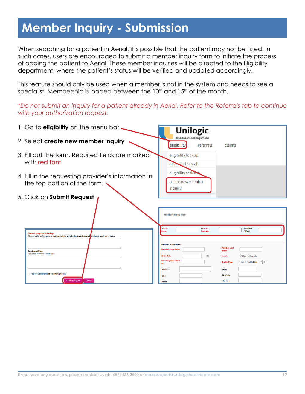 Annotated Aerial member inquiry screenshots showing the Eligibility menu, Create New Member Inquiry, required fields, requesting provider information, and Submit Request.
