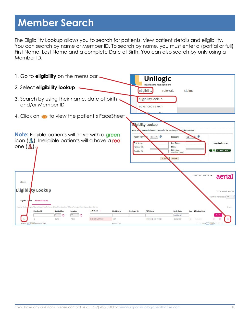 Annotated Aerial eligibility lookup screenshots showing the Eligibility menu, lookup form, search fields, status icons, and FaceSheet eye icon.