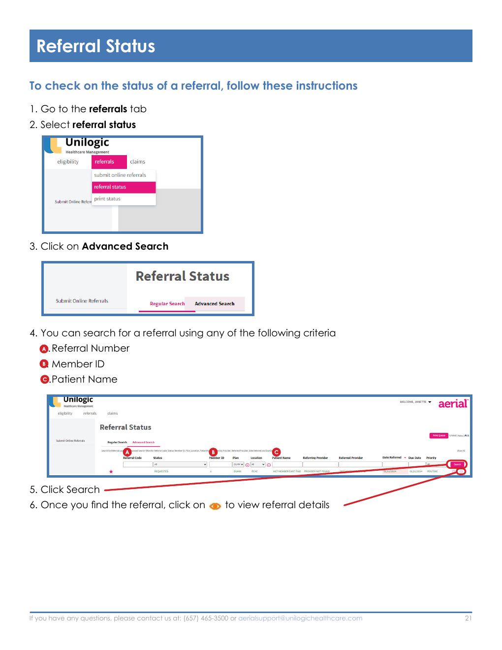 Annotated Aerial referral status screenshots showing the Referrals menu, Advanced Search, search criteria, Search button, and referral details icon.