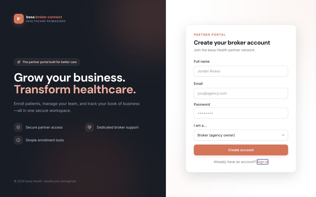 Broker Portal create account page