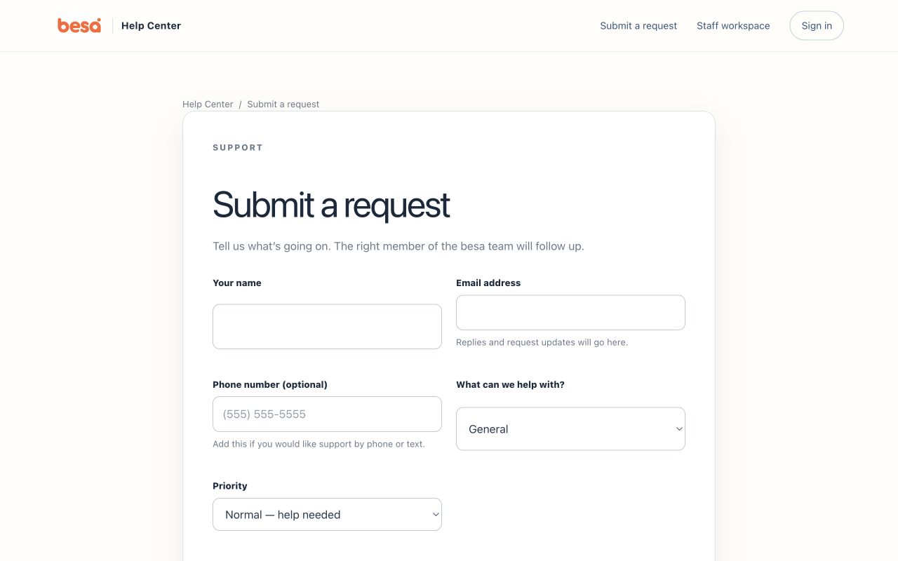 Support Platform submit request form